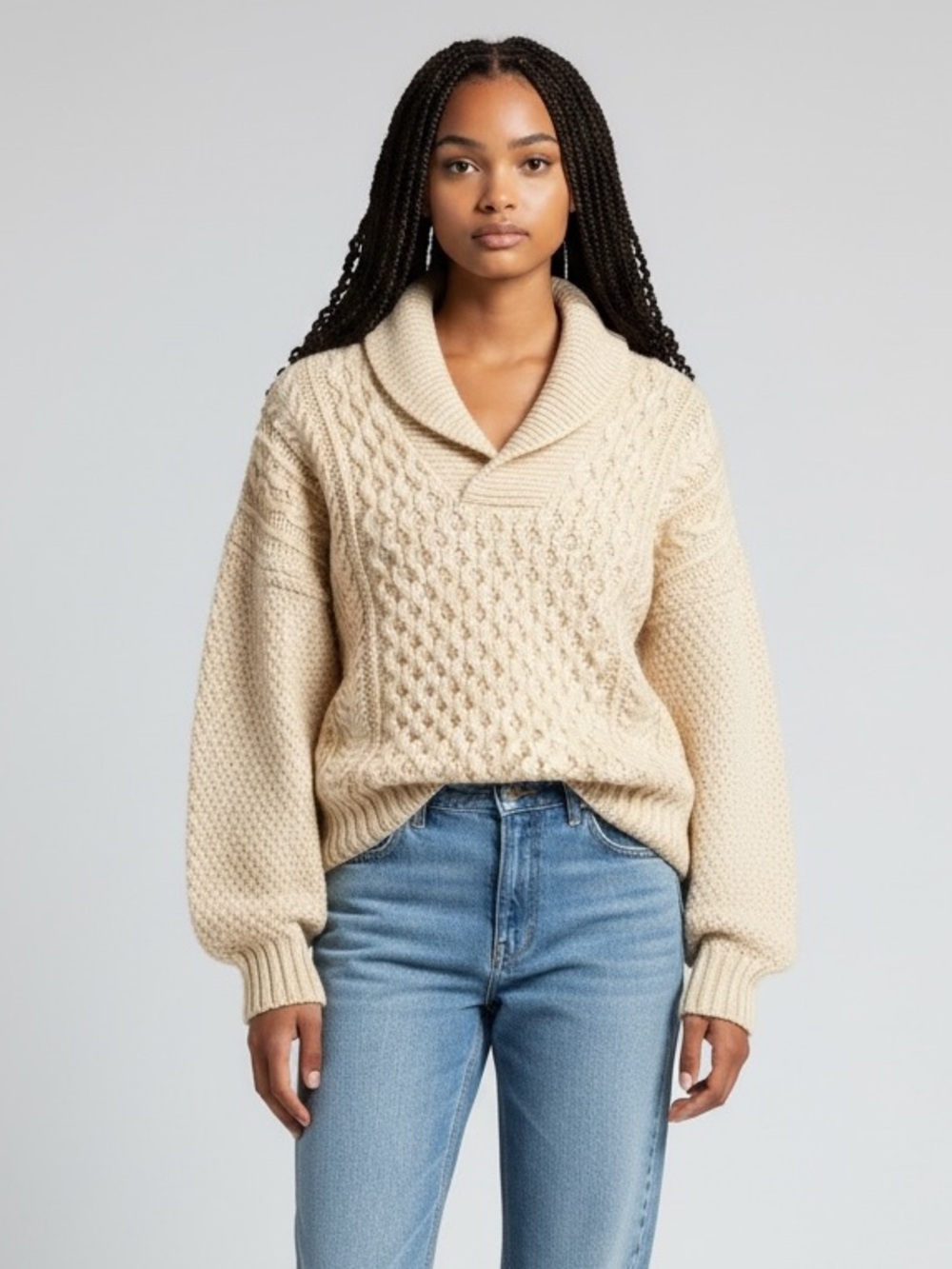Traditions Fisherman Cable Knit Wool Sweater Shawl Collar Chunky Heritage L / XL